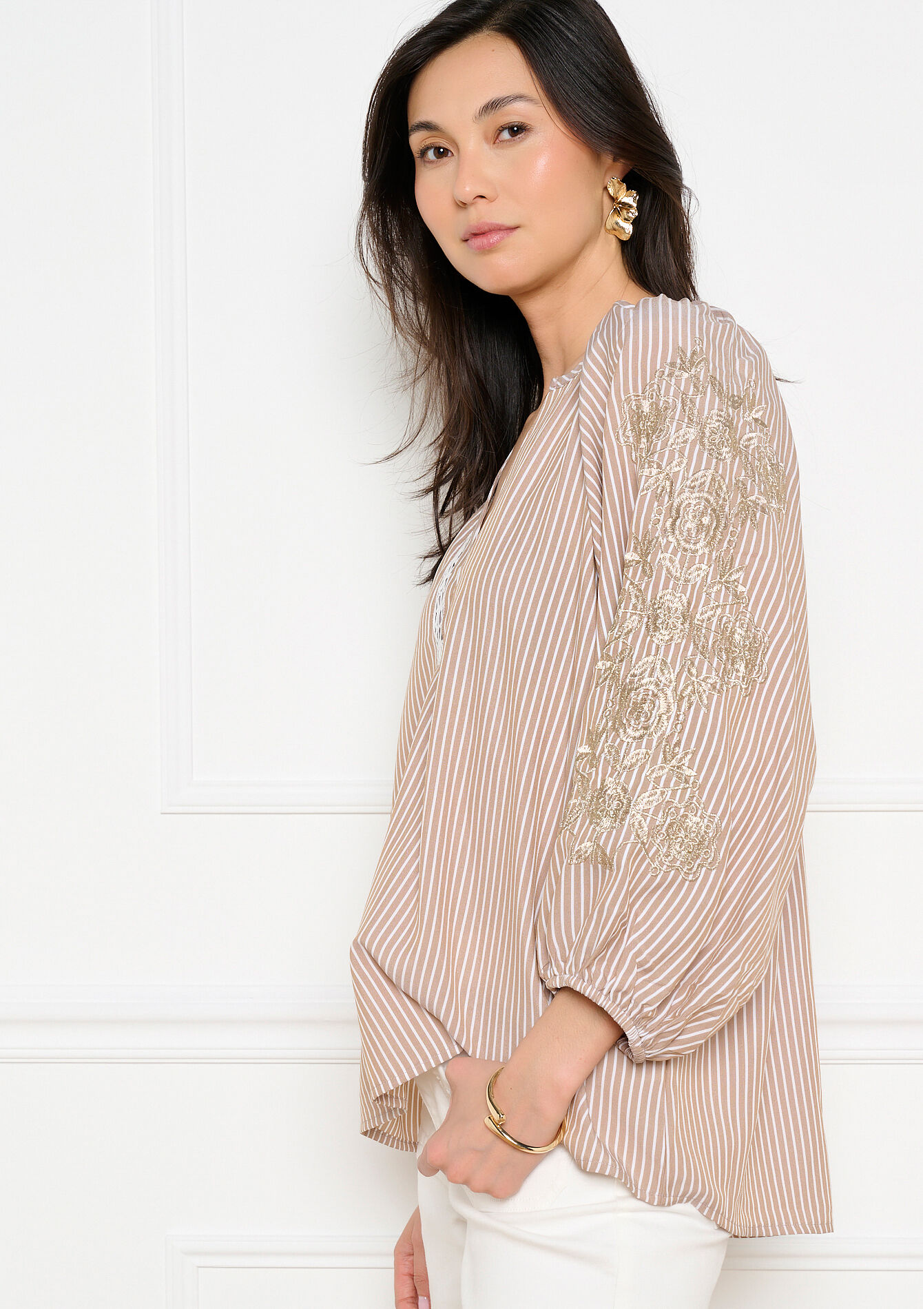 Blouse rayée détails brodés - LIGHT TAUPE - 05703052_2572