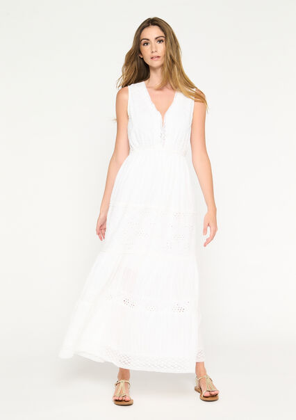 Long dress in lace with deep V-neck - OFFWHITE - 08601376_1001