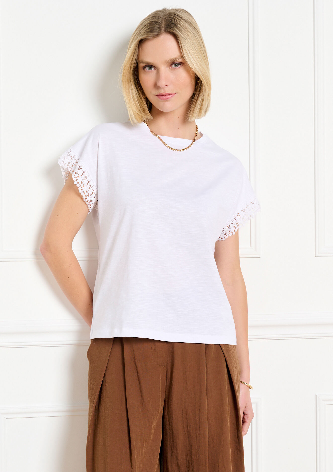 T-shirt met kanten mouwen - OPTICAL WHITE - 02301939_1019