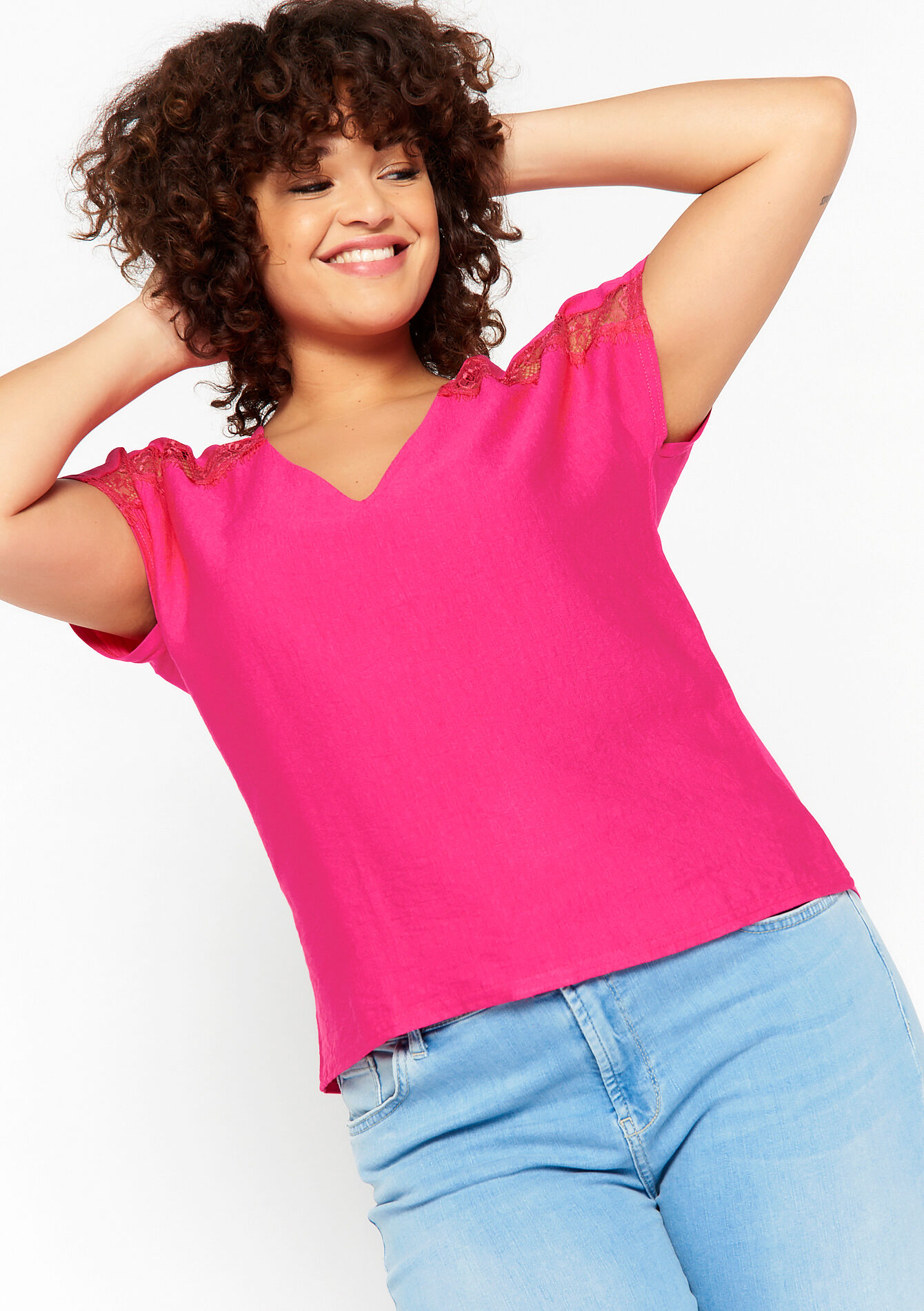 T-shirt met kant - FUCHSIA - 02301358_5626