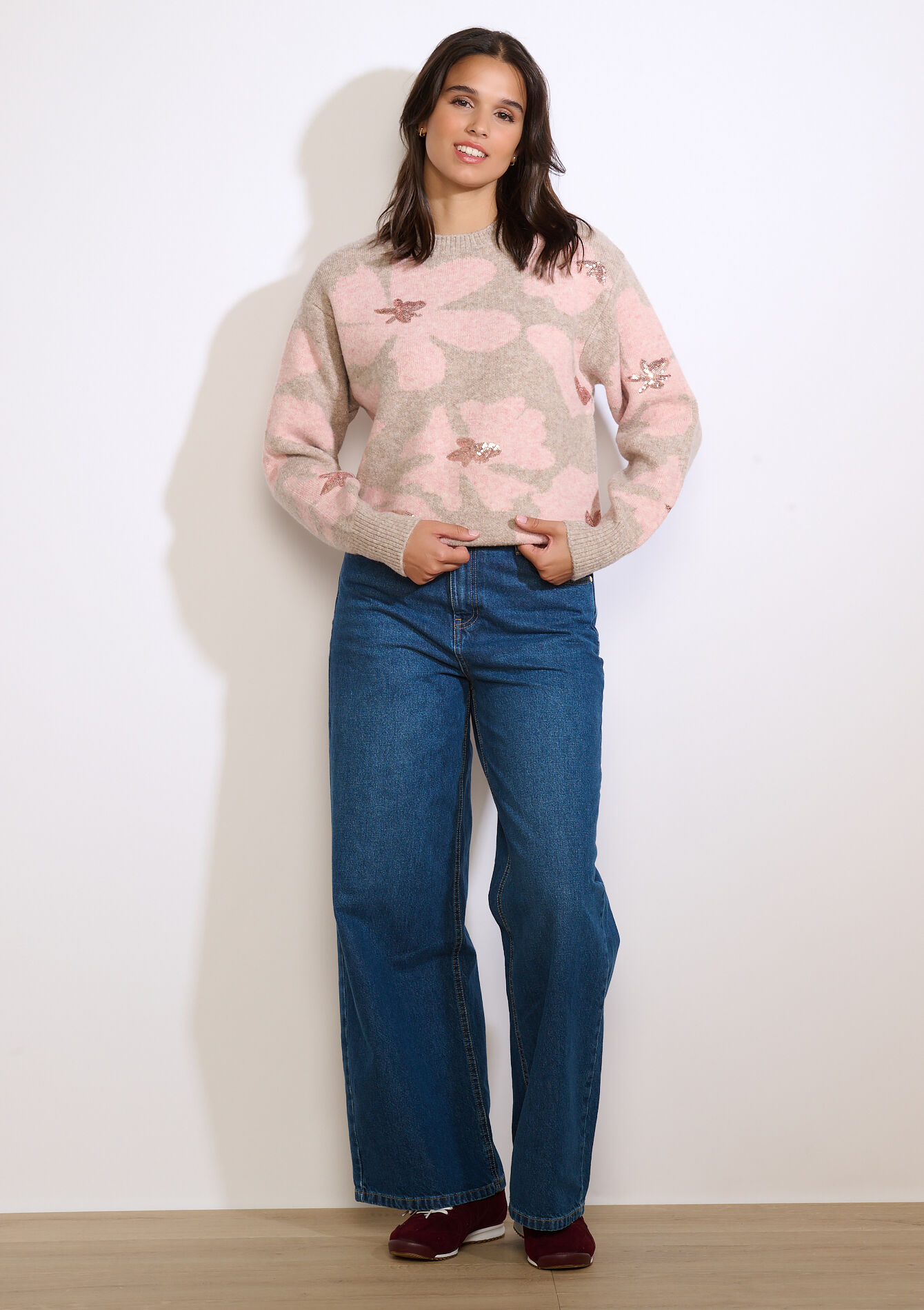 Pull brodé à sequins floraux, Pull brodé à sequins floraux - TAUPE - 04006954