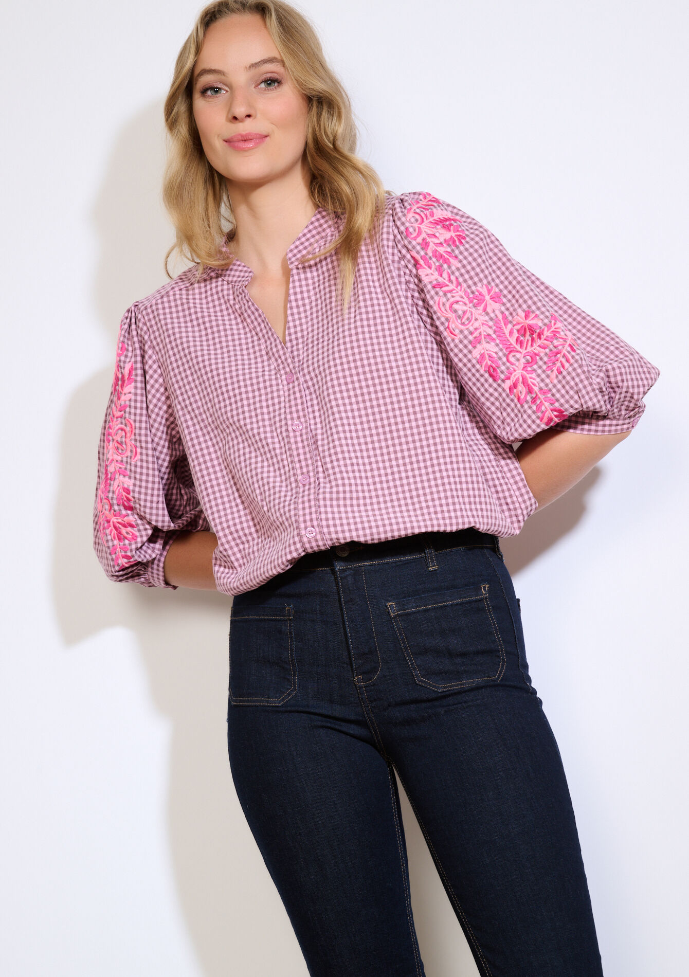 Embroidered gingham shirt, Embroidered gingham shirt - PINK BUBBLEGUM - 05702912_1477