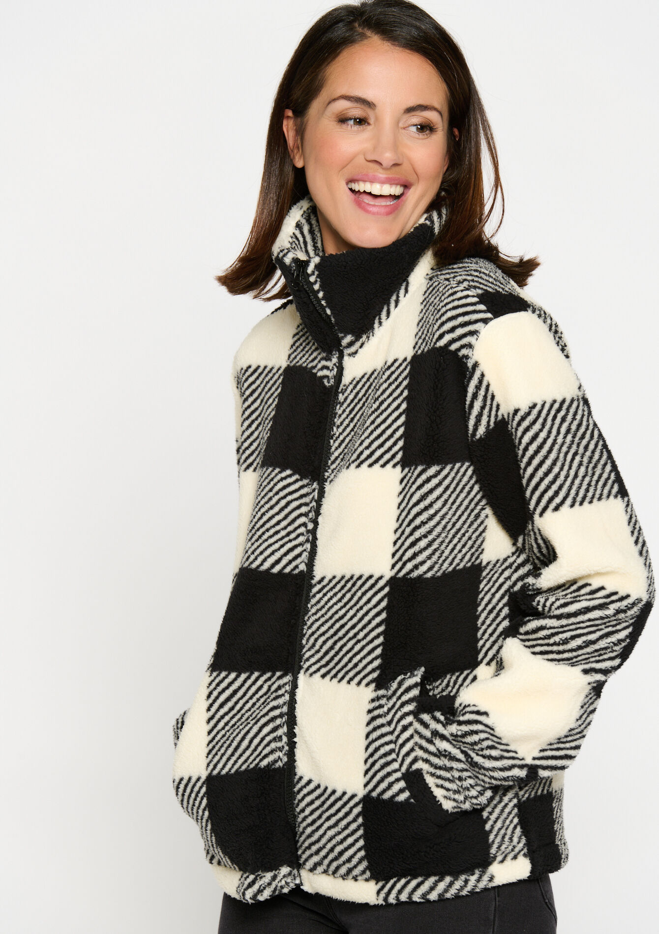 Checked jacket with zip fastening, Checked jacket with zip fastening - VANILLA WHITE - 15100219_1013