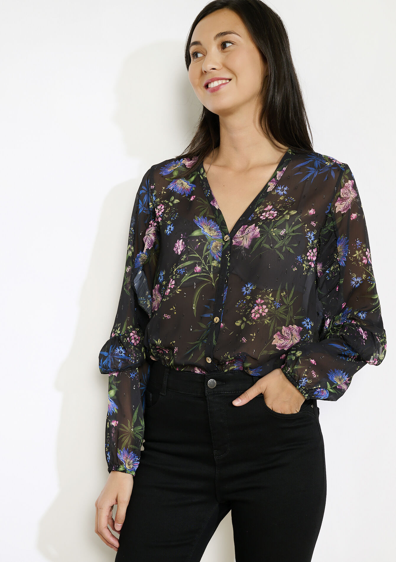 Losvallend bloemenhemd, Losvallend bloemenhemd - BLACK - 05702935_1119