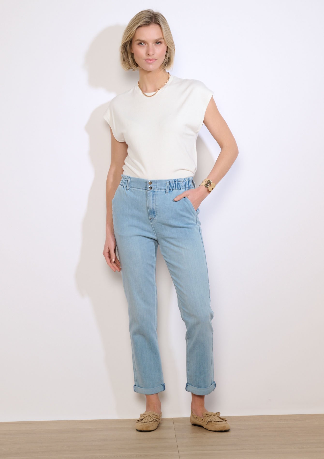 Rechte jeans met paperbag taille, , back