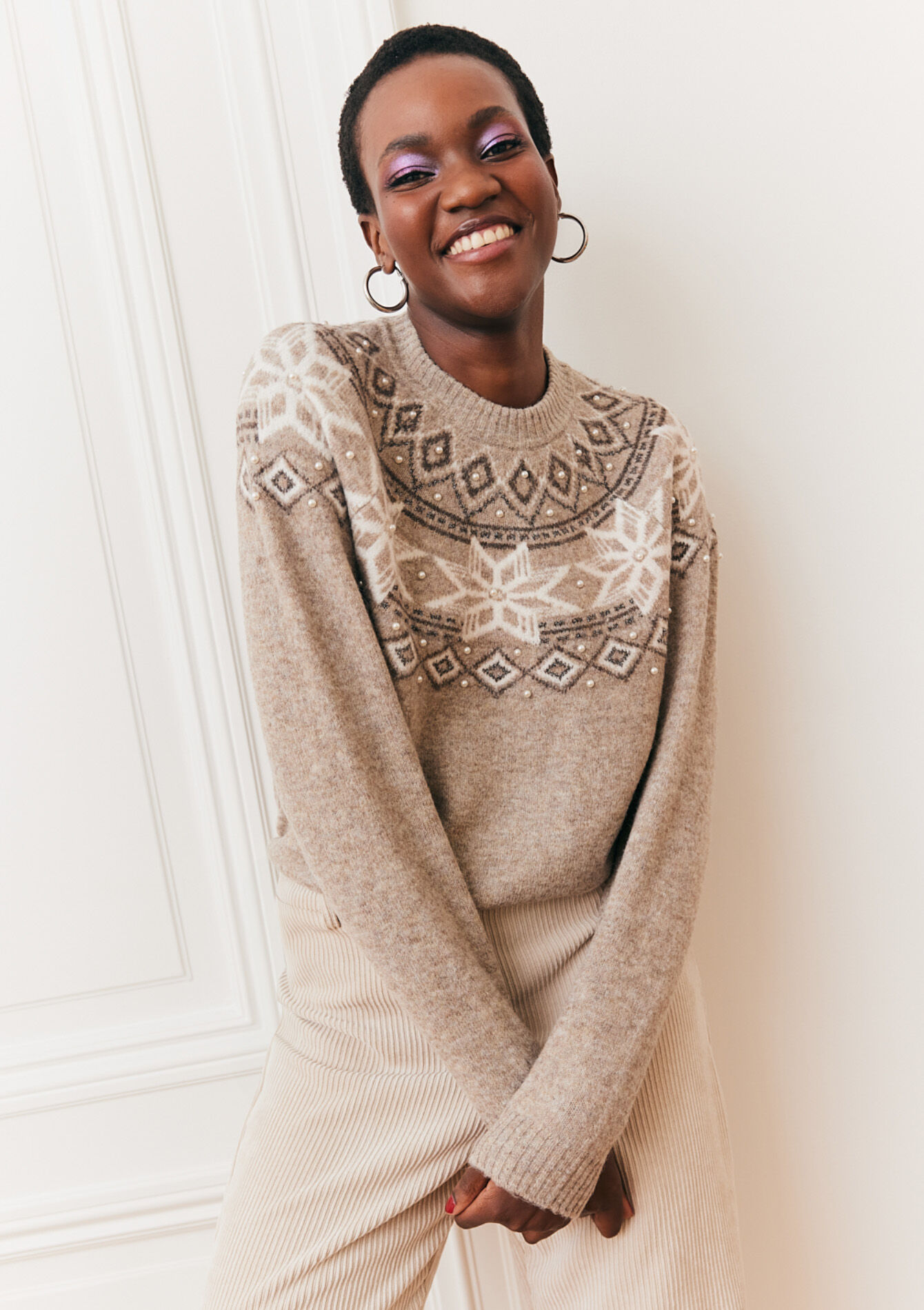 Jacquard trui met parels - TAUPE - 04006585_1021