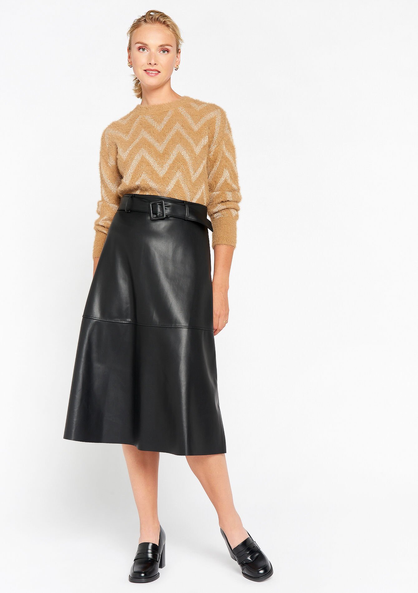 Jupe mi-longue en similicuir - BLACK - 07101164_1119