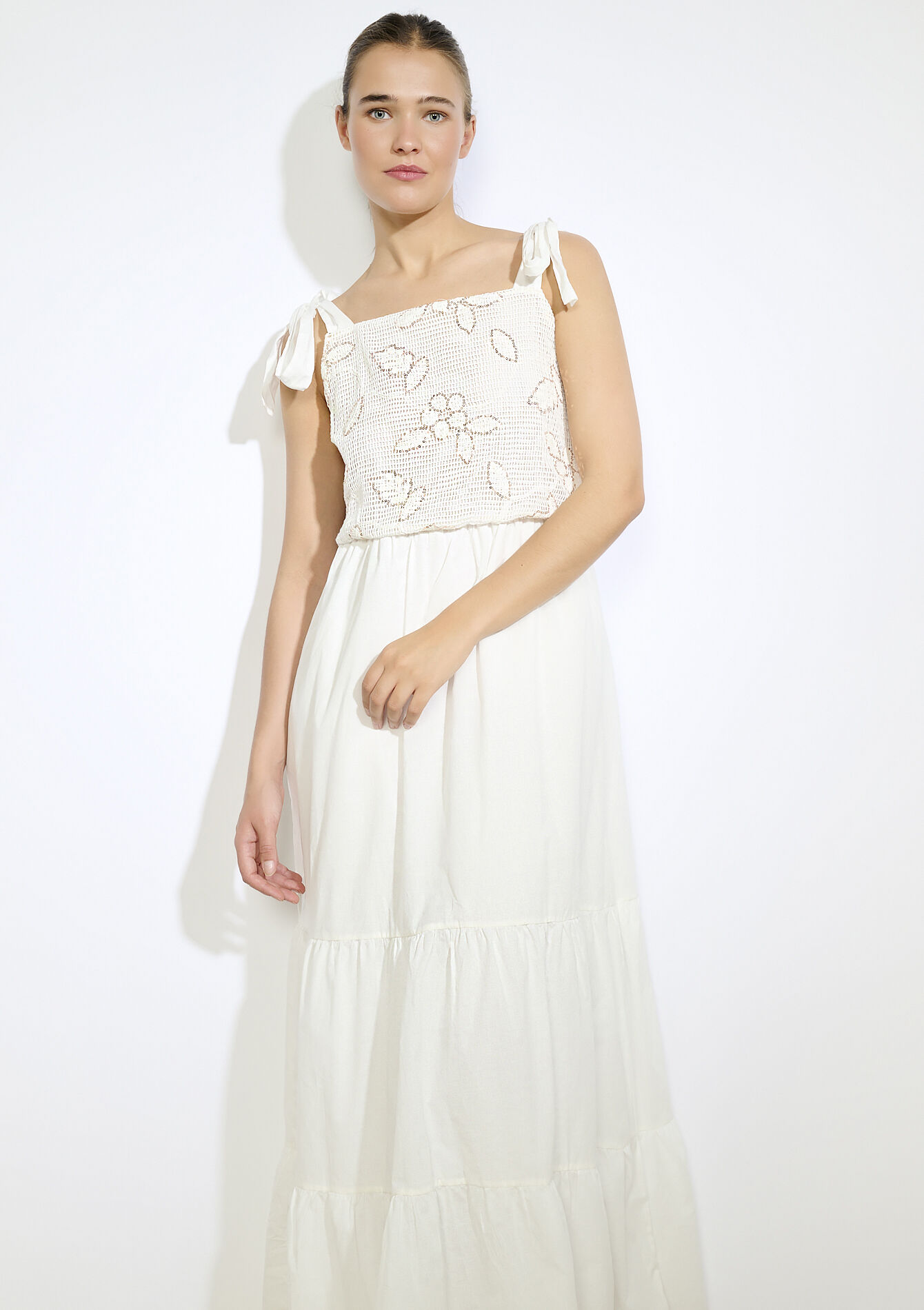 Robe longue à nouer aux épaules, Robe longue à nouer aux épaules - OFFWHITE - 08104193_1001