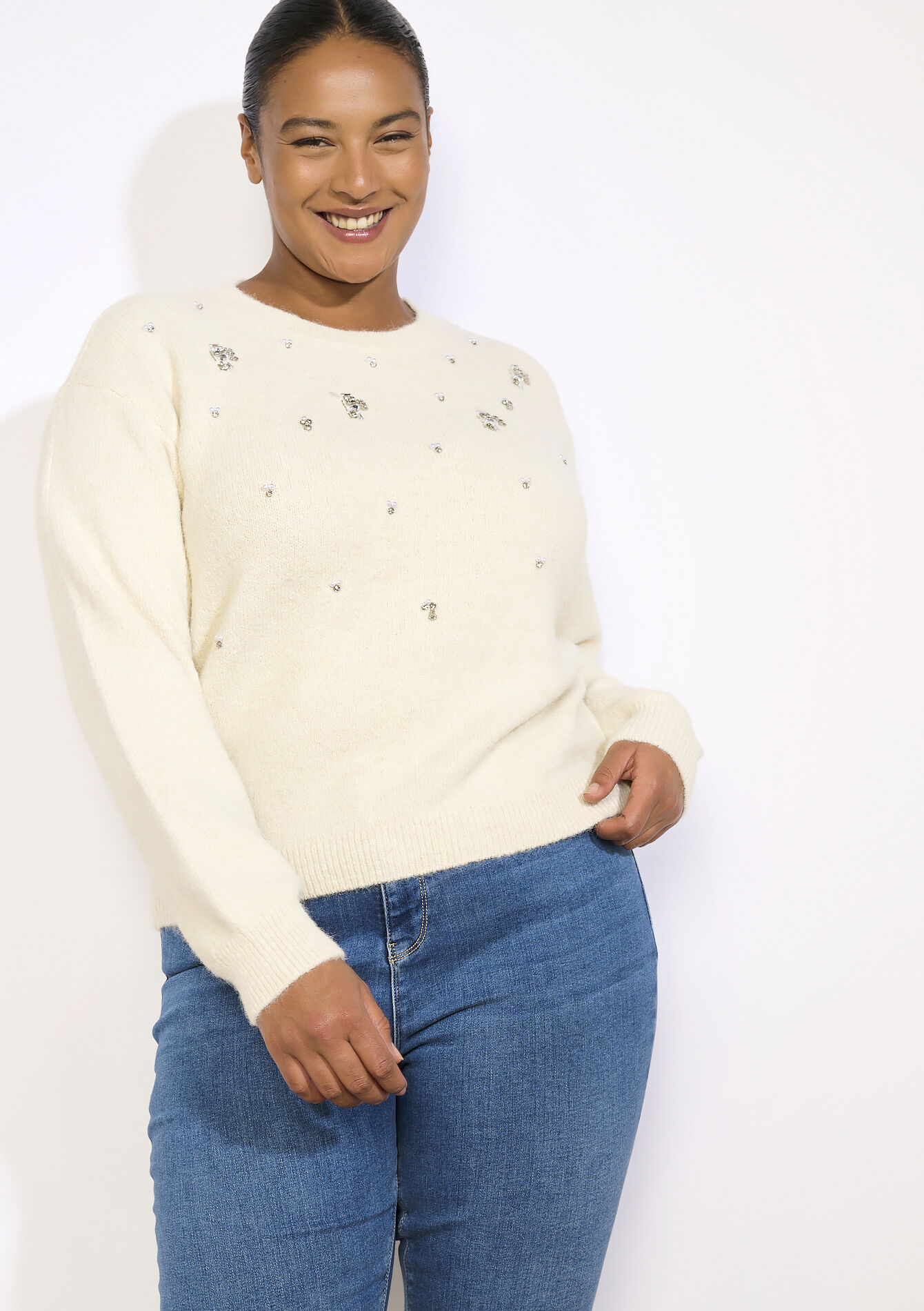 Zachte trui met parels - OFFWHITE - 04006936