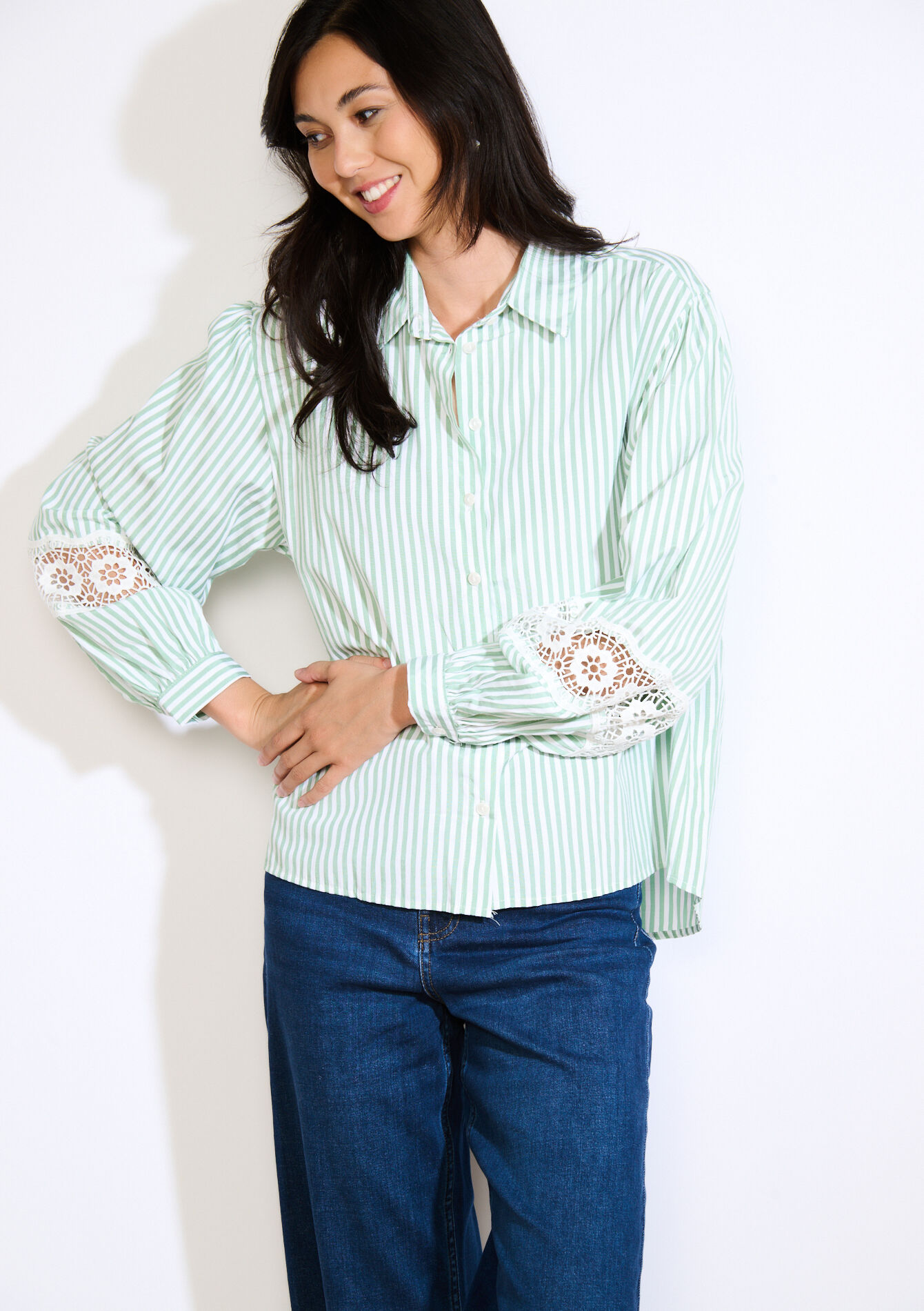 Gestreept overhemd met kantdetails, Gestreept overhemd met kantdetails - KHAKI FADED - 05702867_4326