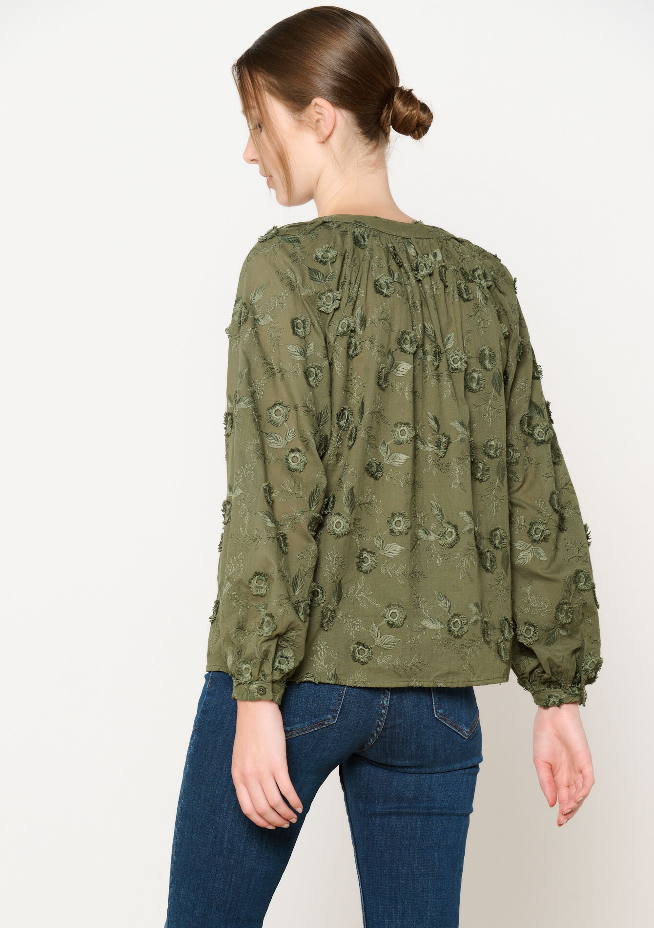 Hemd met geborduurde bloemen - KHAKI MED - 05702612_4327