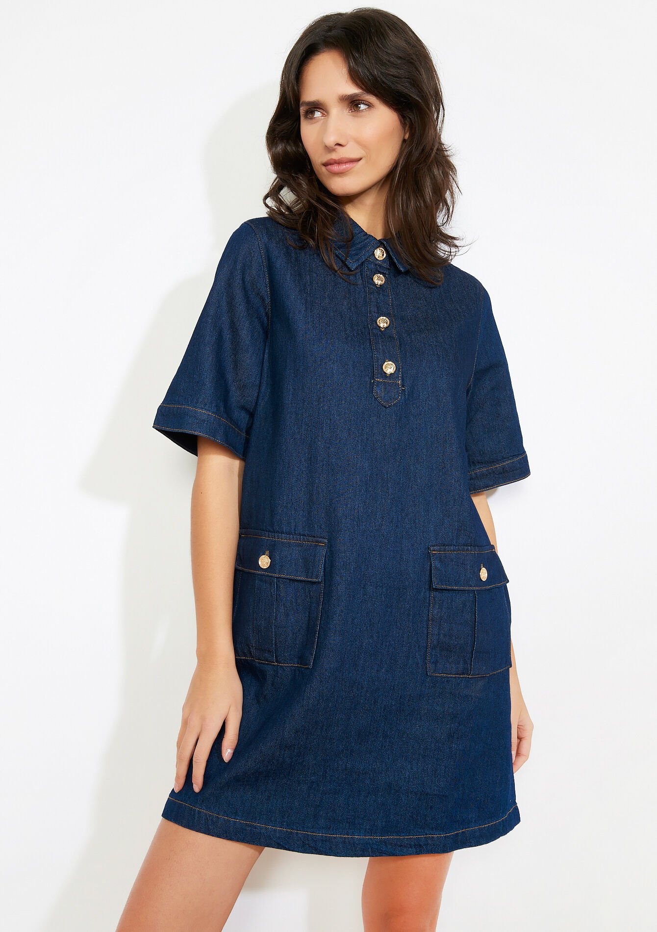 Korte overhemdjurk van denim - DARK BLUE - 08104289_0501