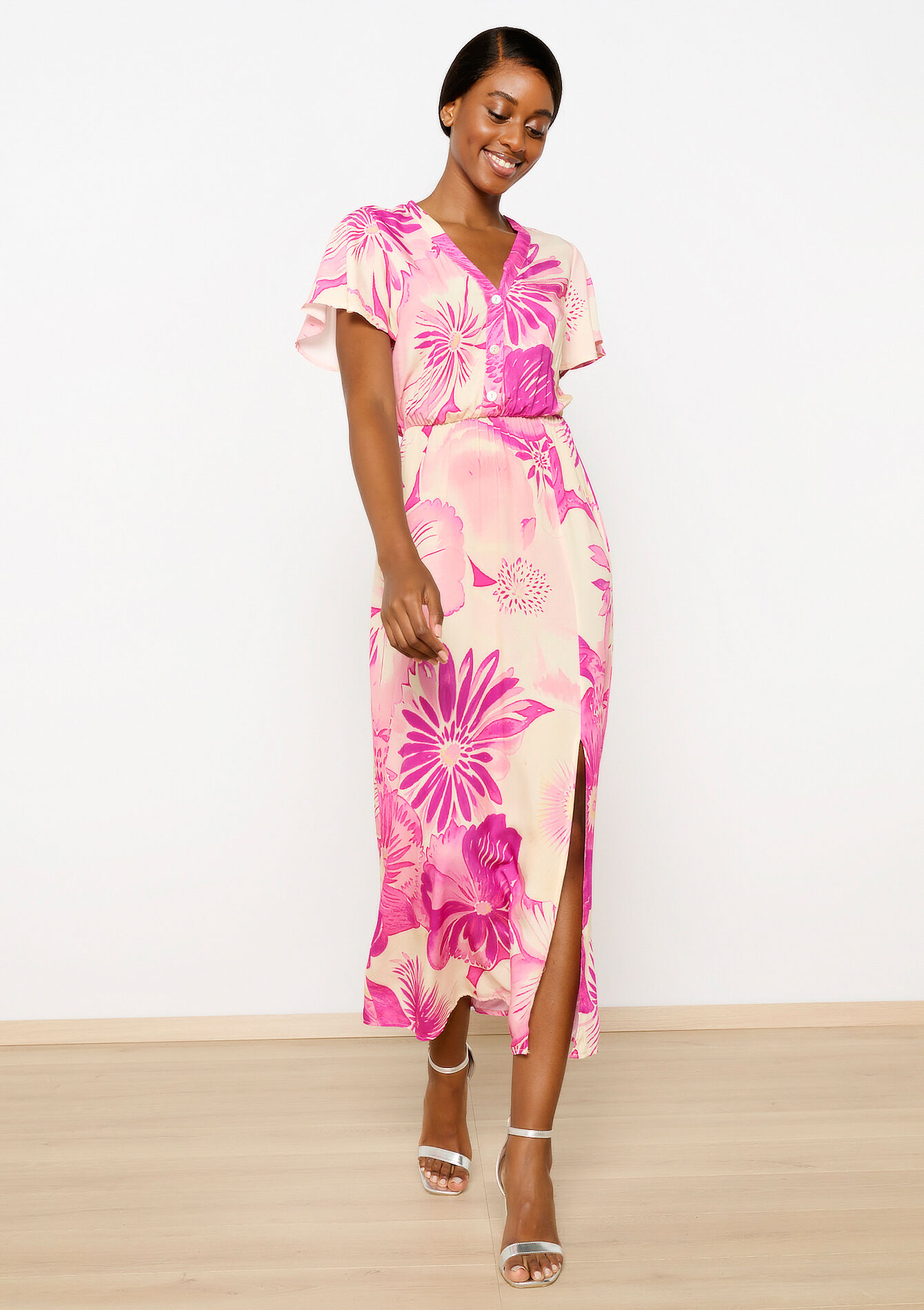 Robe longue à imprimé fleuri - FUCHSIA - 08103671_5626