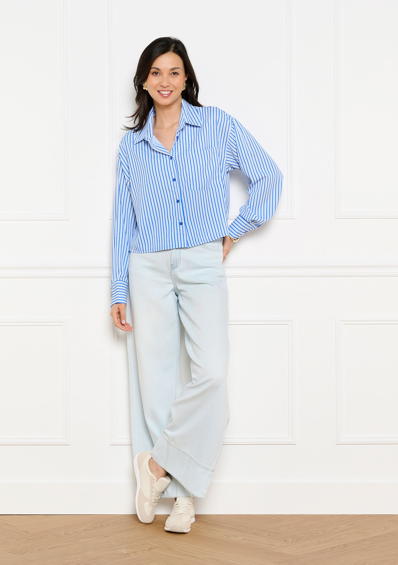 Cropped gestreept poplin hemd - BLUE PASTEL - 05703040_3003