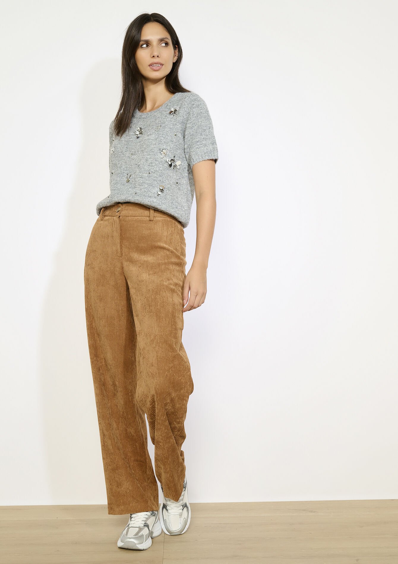 Flared broek in ribfluweel, Flared broek in ribfluweel - CARAMEL - 06100741_1953