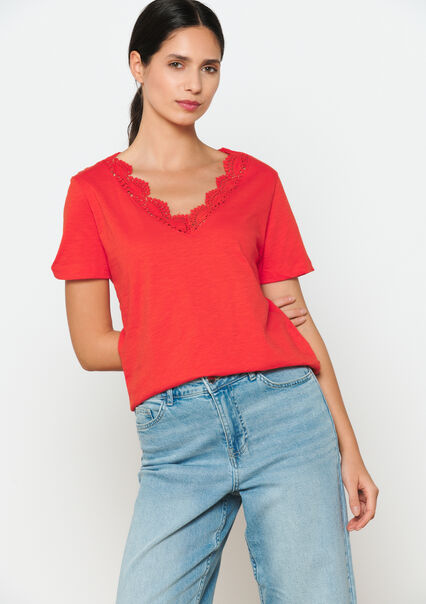 Basic T-shirt with crochet detail - RED ORANGE - 02301520_1397