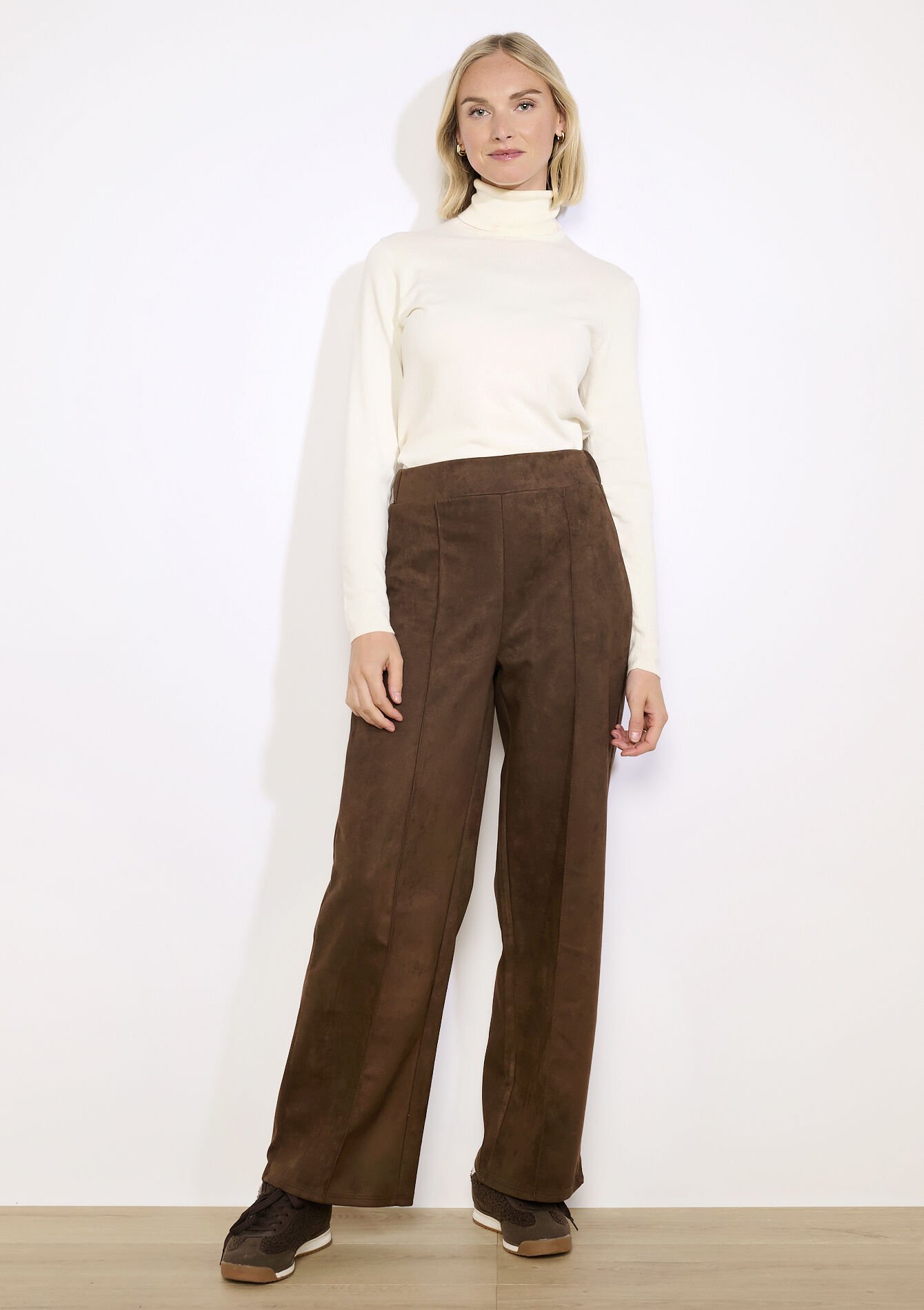 Wide-leg suede-effect pants, Wide-leg suede-effect pants - BROWN DARK CHOCOLATE - 06601080_3720