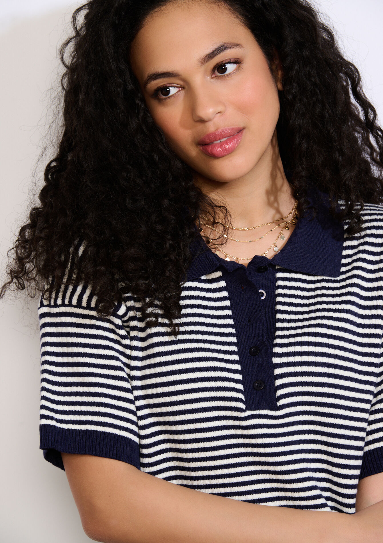 Cropped striped knit polo - NAVY BASIC - 04007218_2723