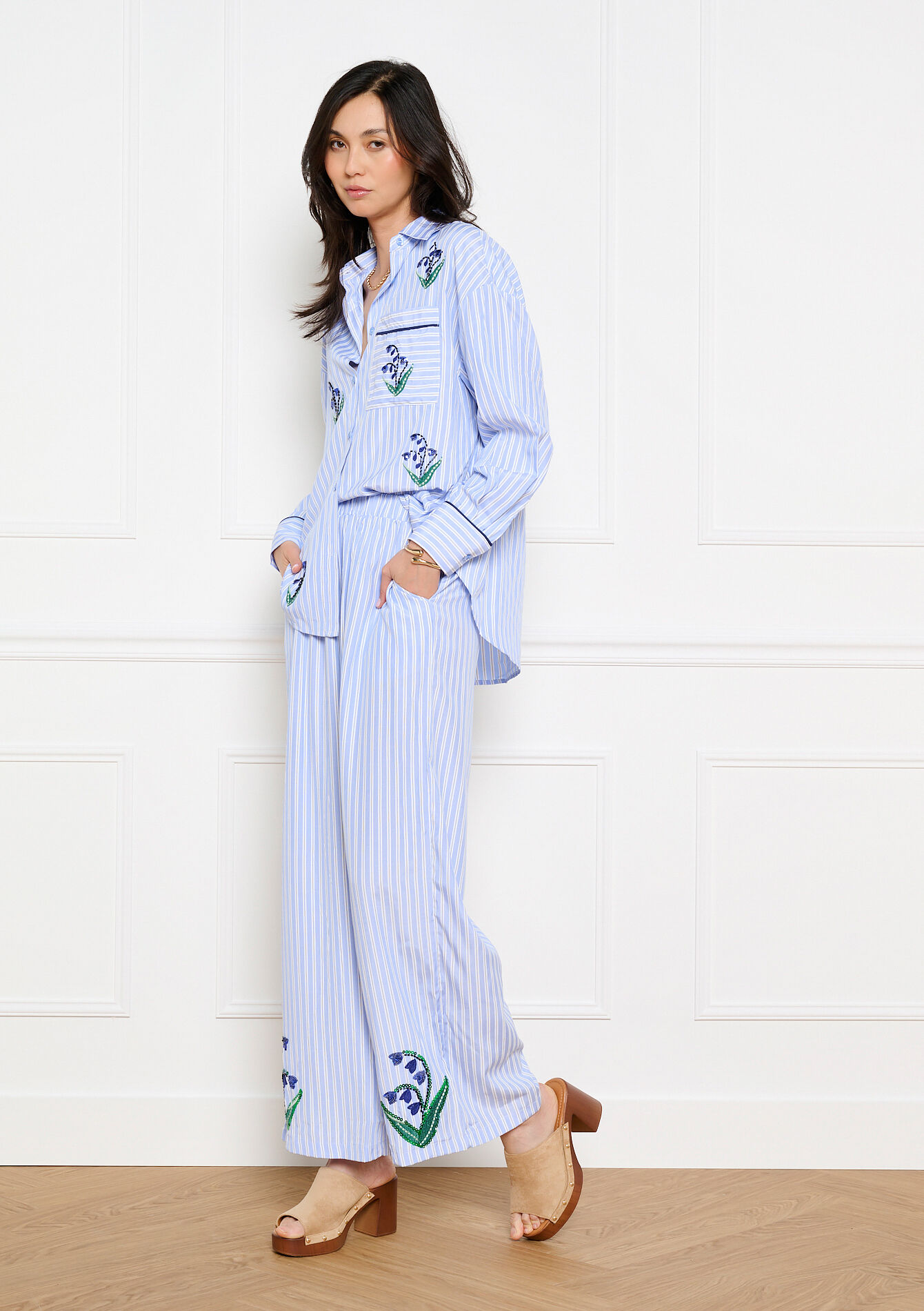 Pantalon fluide brodé - BLUE PASTEL - 06601125_3003