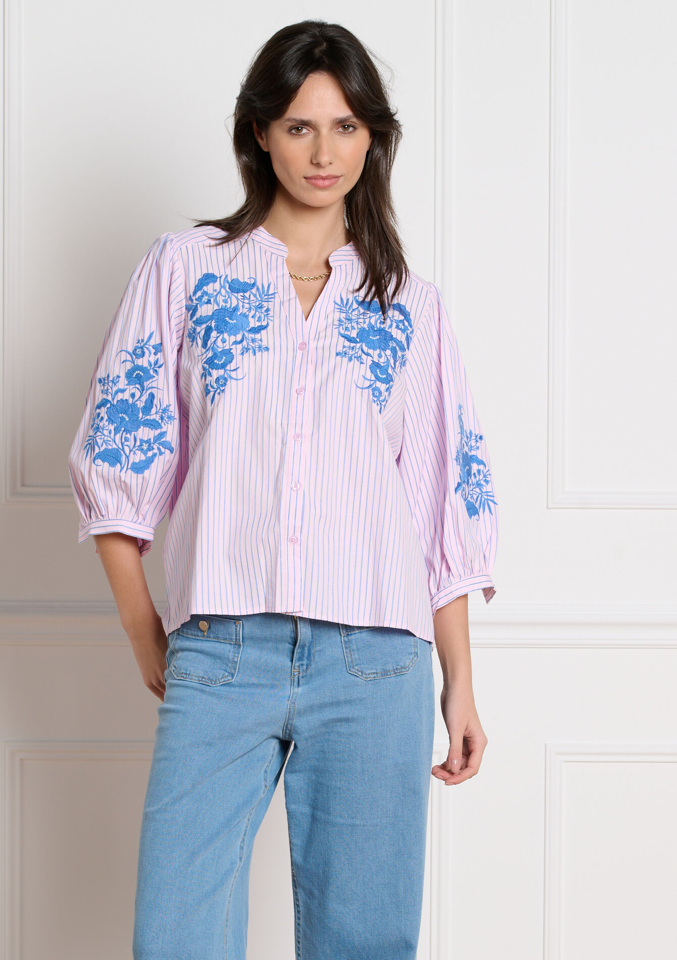 Blouse rayée brodée - LIGHT PINK - 05703035_1303