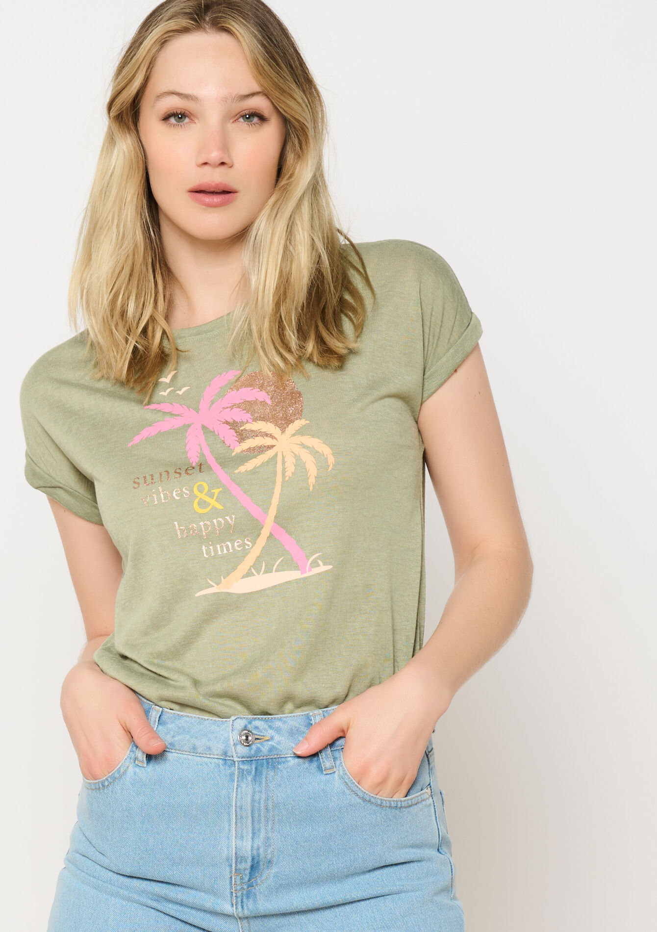 Tropical print t-shirt - KHAKI FADED - 02301690_4326