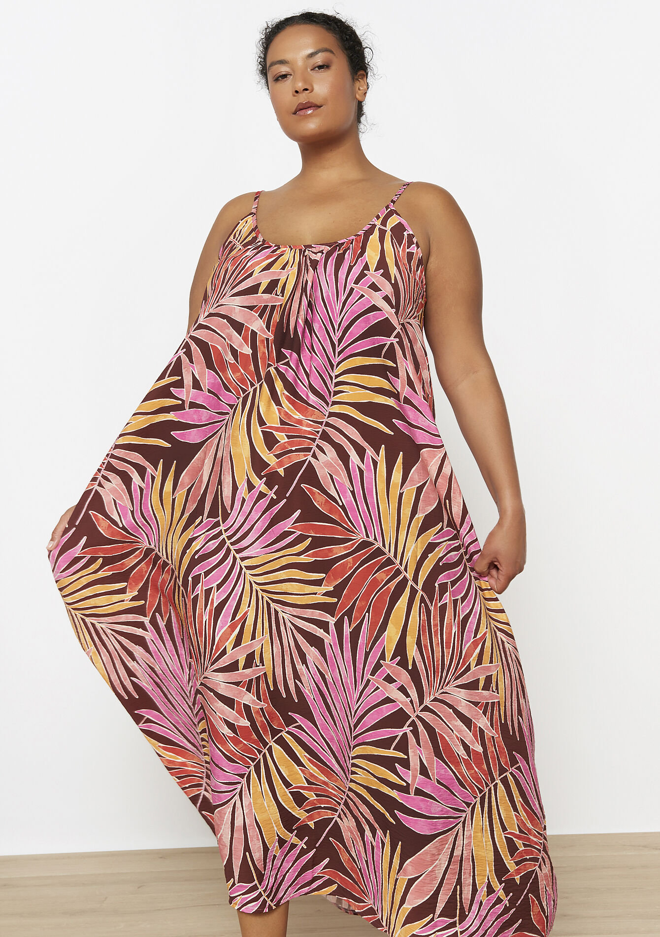 Jurk met tropische print, Jurk met tropische print - BROWN DARK CHOCOLATE - 08104112