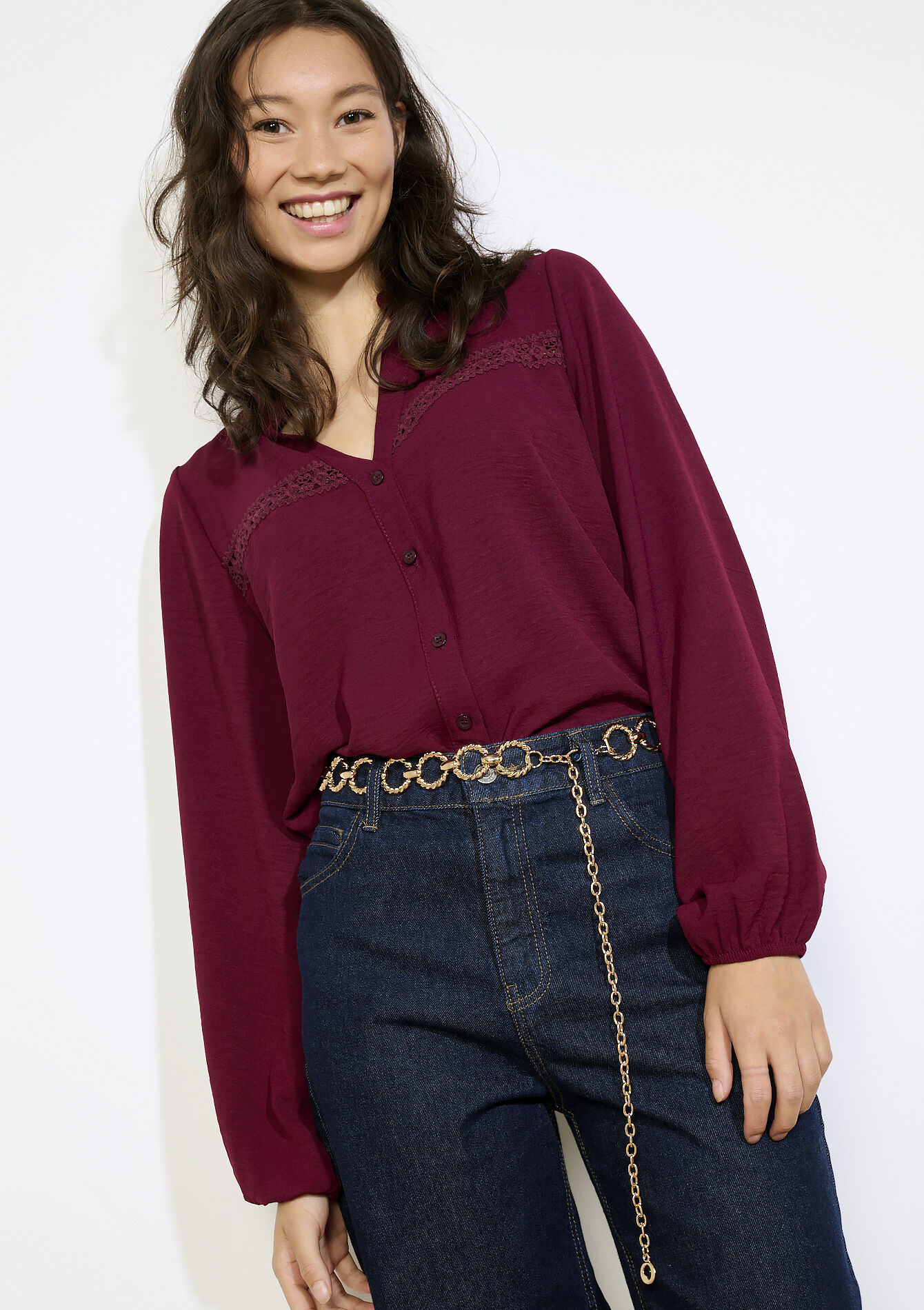 Blouse fluide à détails crochet, Blouse fluide à détails crochet - BORDEAUX WINE - 05702943_5514