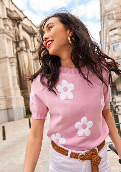Jacquard pullover with flowers - PINK BUBBLEGUM - 04006598_1477