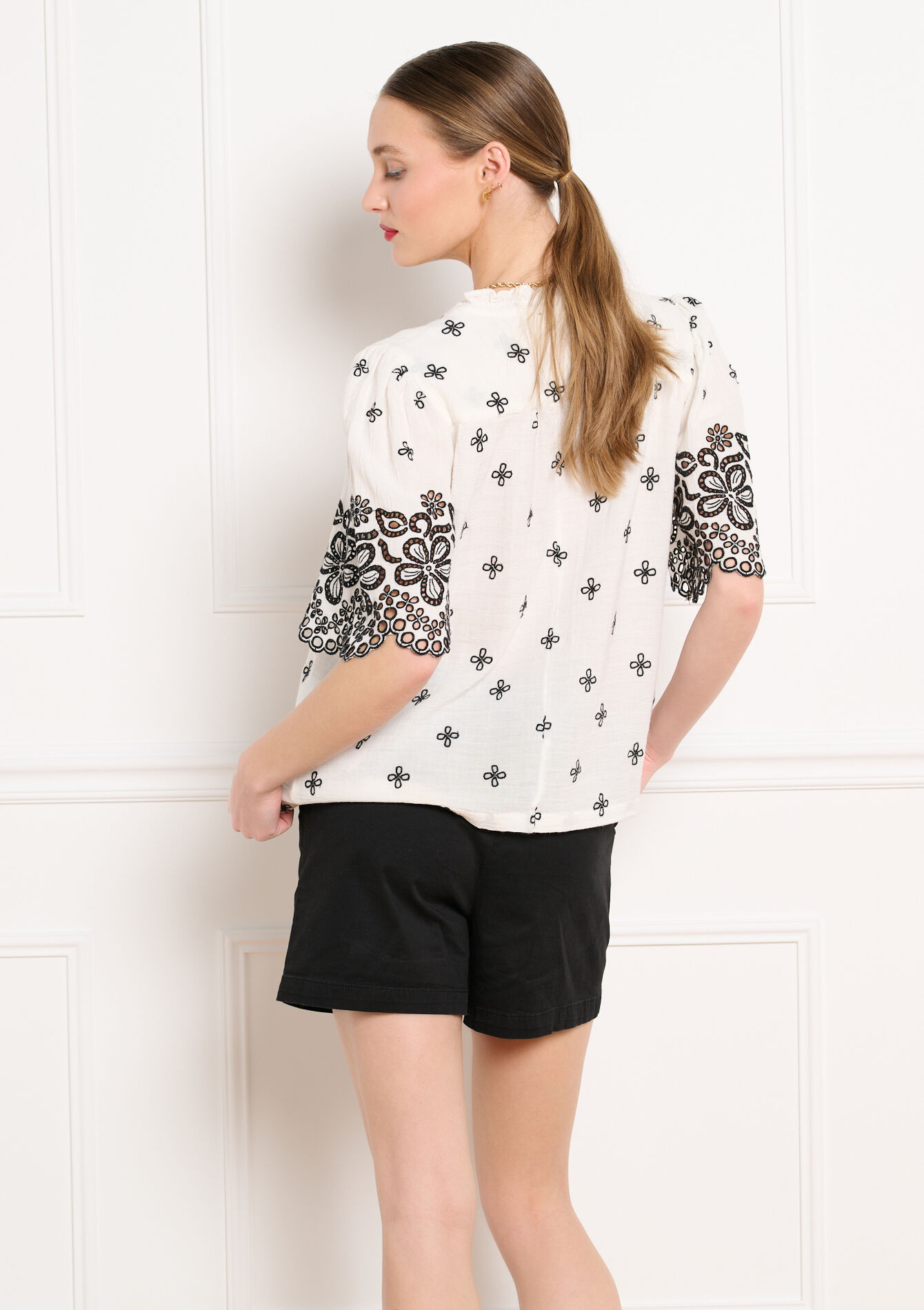 Geborduurde blouse korte mouwen - OFFWHITE - 05702948_1001