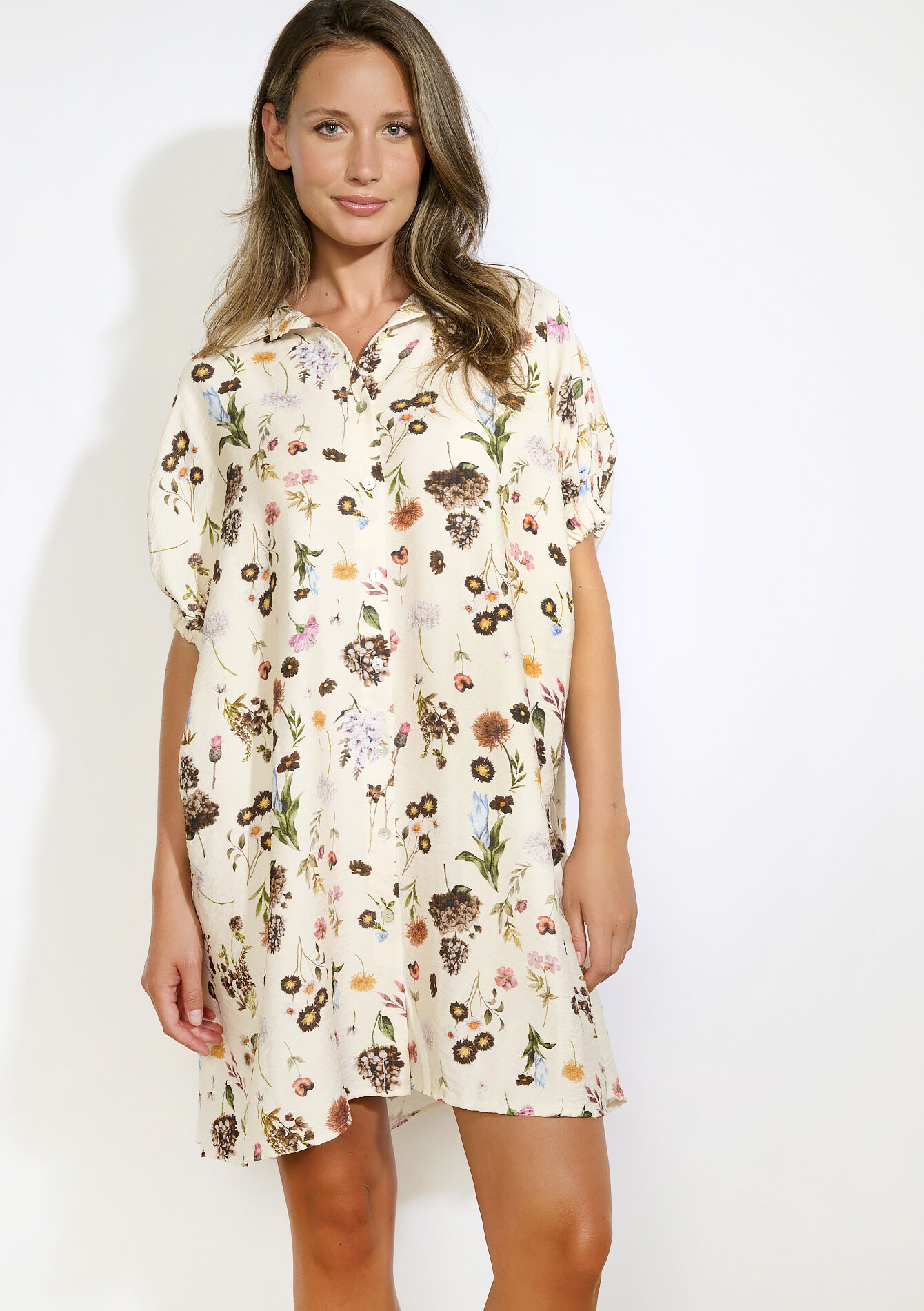 robe chemise à imprimé floral, robe chemise à imprimé floral - VANILLA WHITE - 08104264_1013
