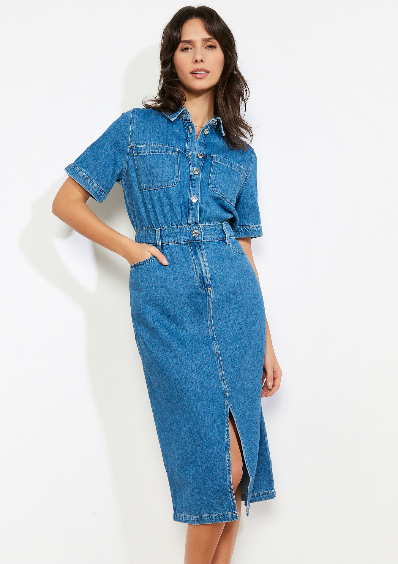 Midi overhemdjurk van denim - MEDIUM BLUE - 08104295_0500