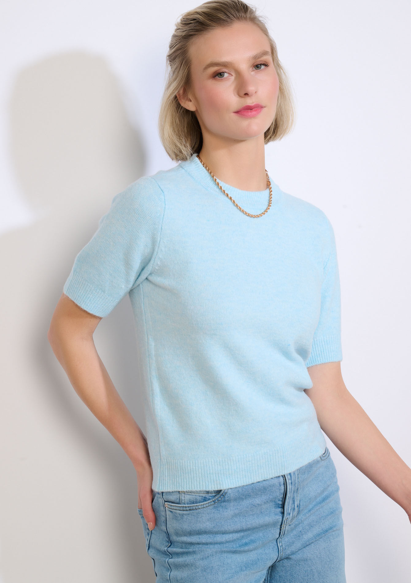 Zachte trui met korte mouwen - BLUE PASTEL - 04007031_3003