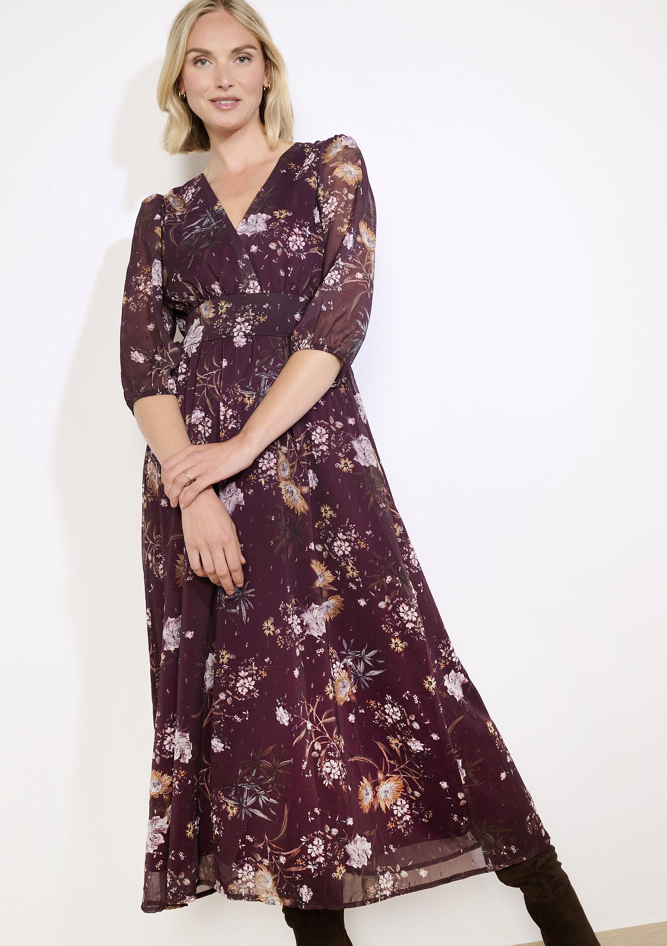 Gebloemde midi-jurk, Gebloemde midi-jurk - BORDEAUX WINE - 08104224_5514