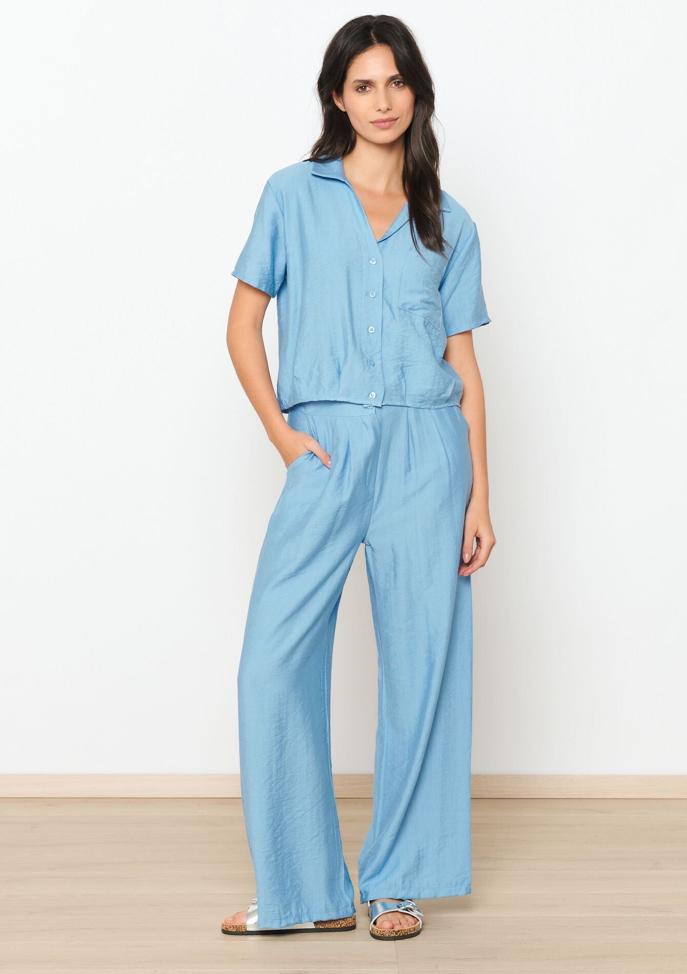 Tailored trousers with linen look - BLUE PASTEL - 06100612