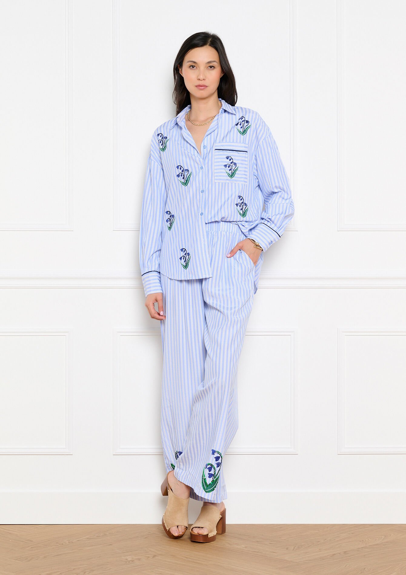 Pantalon fluide brodé - BLUE PASTEL - 06601125_3003