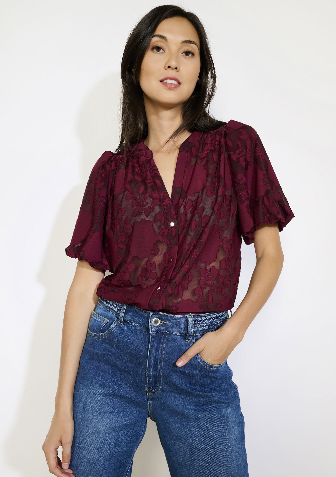 Jacquard t-shirt met knoopsluiting, Jacquard t-shirt met knoopsluiting - AUBERGINE - 02301891_1537