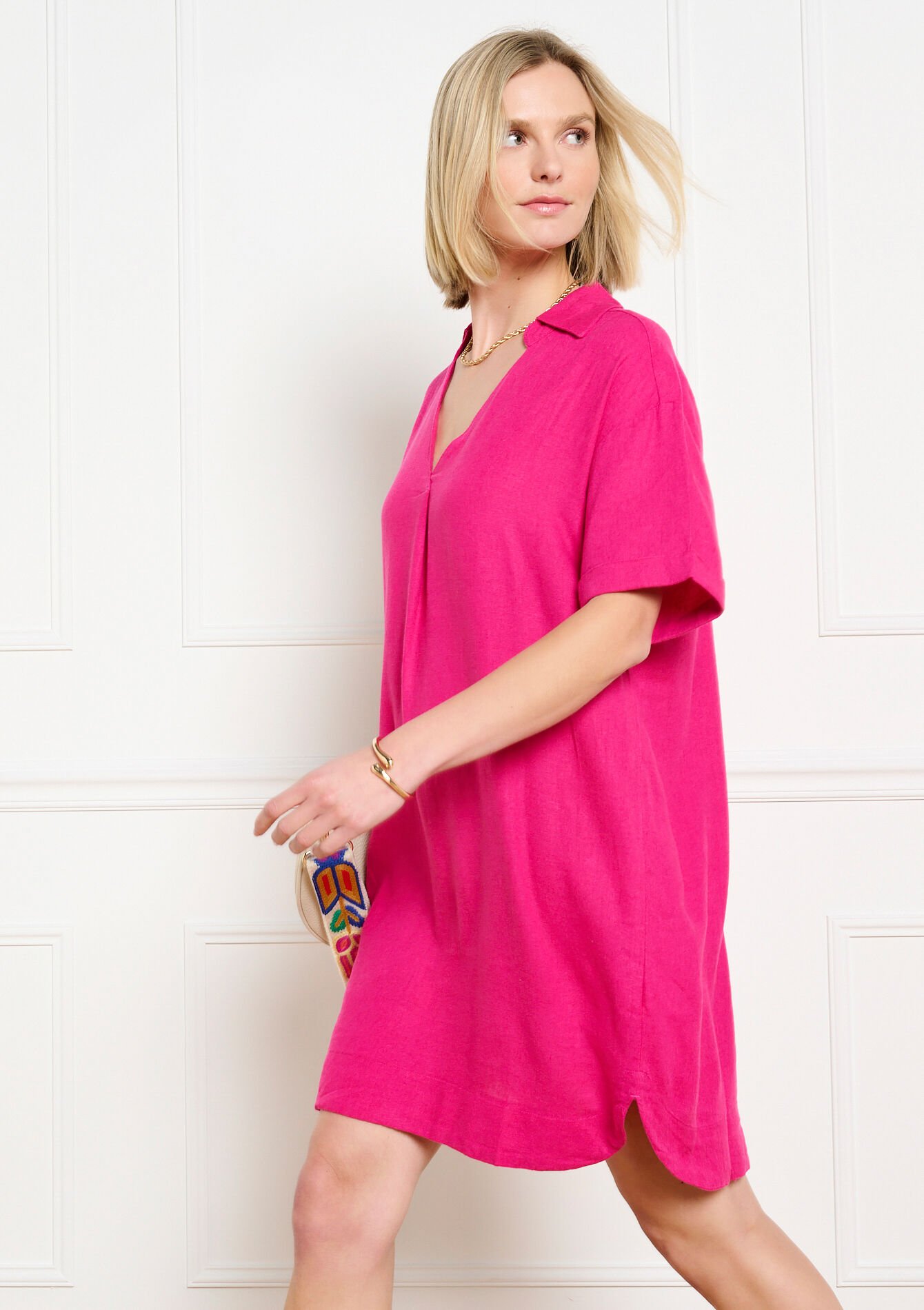 Robe polo en lin - FUCHSIA - 08104333_5626