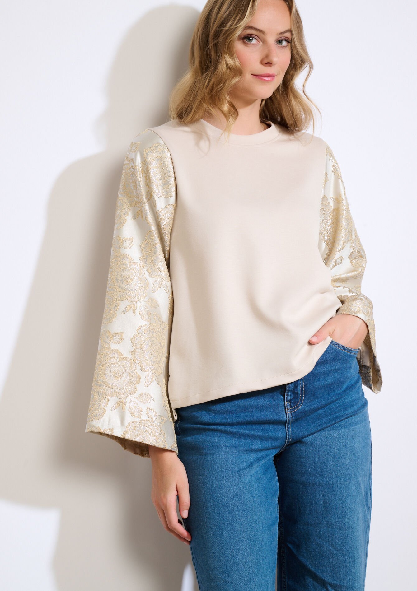 Sweat à manches jacquard, Sweat à manches jacquard - VANILLA WHITE - 03001809