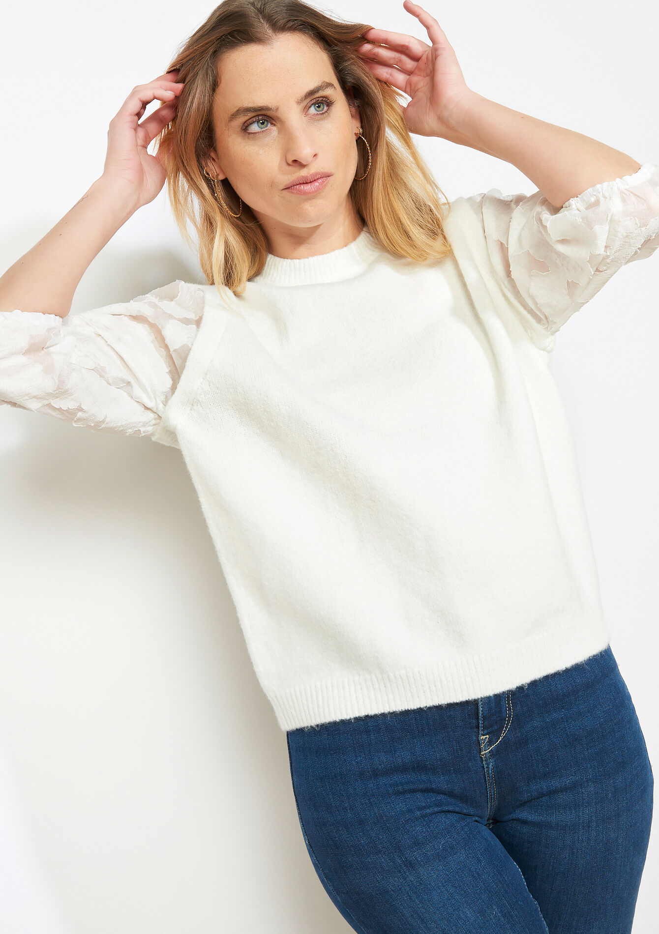 Knit top with organza sleeves - VANILLA WHITE - 04007166