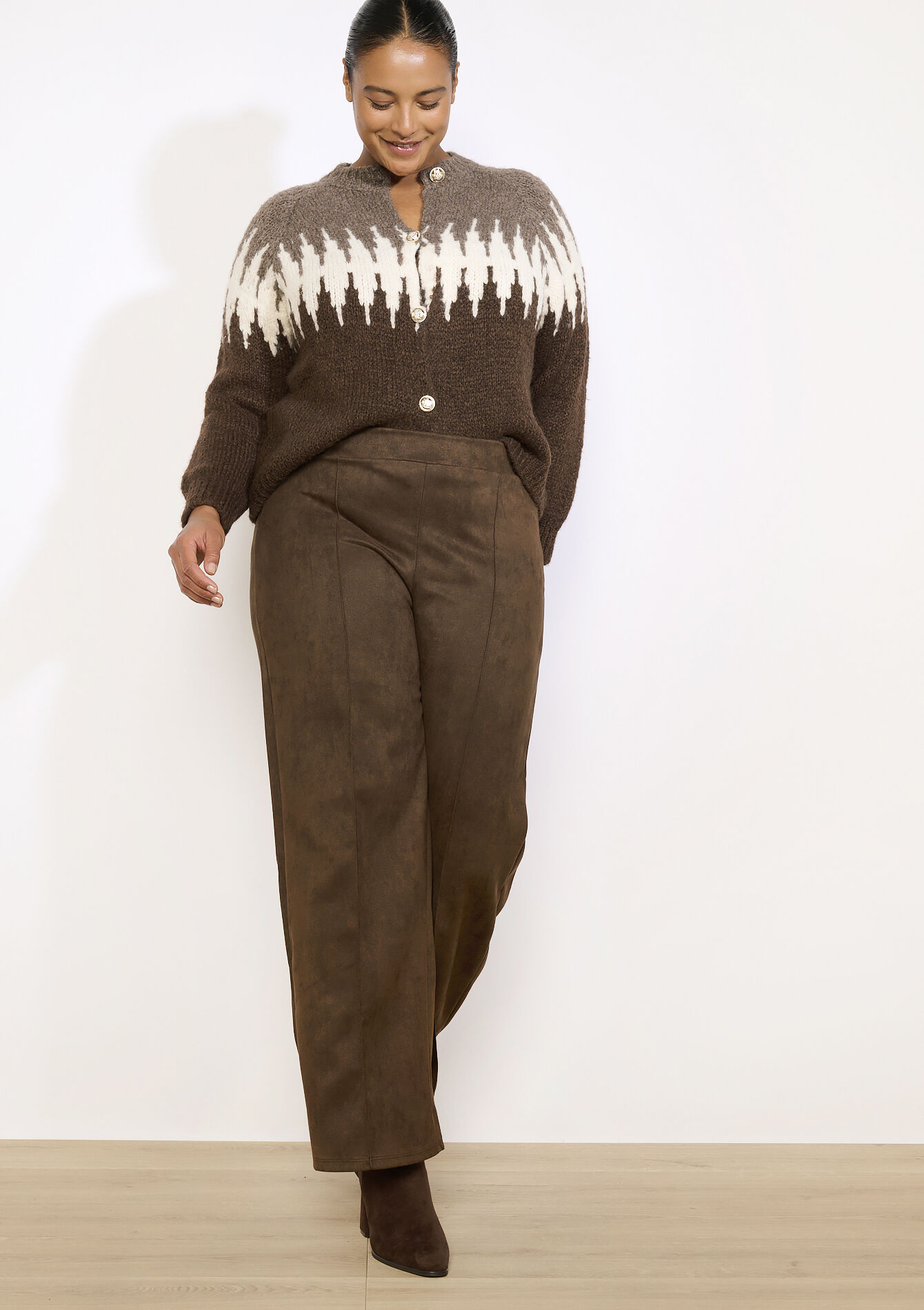 Wide-leg suede-effect pants, Wide-leg suede-effect pants - BROWN DARK CHOCOLATE - 06601080_3720