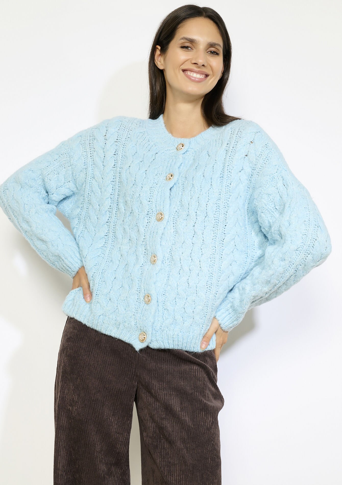 Cable knit buttoned cardigan, Cable knit buttoned cardigan - BLUE PASTEL - 04101374_3003
