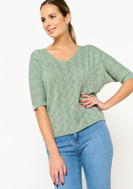 Open-knit pullover with V-neck - KHAKI MINT - 04006483_2542