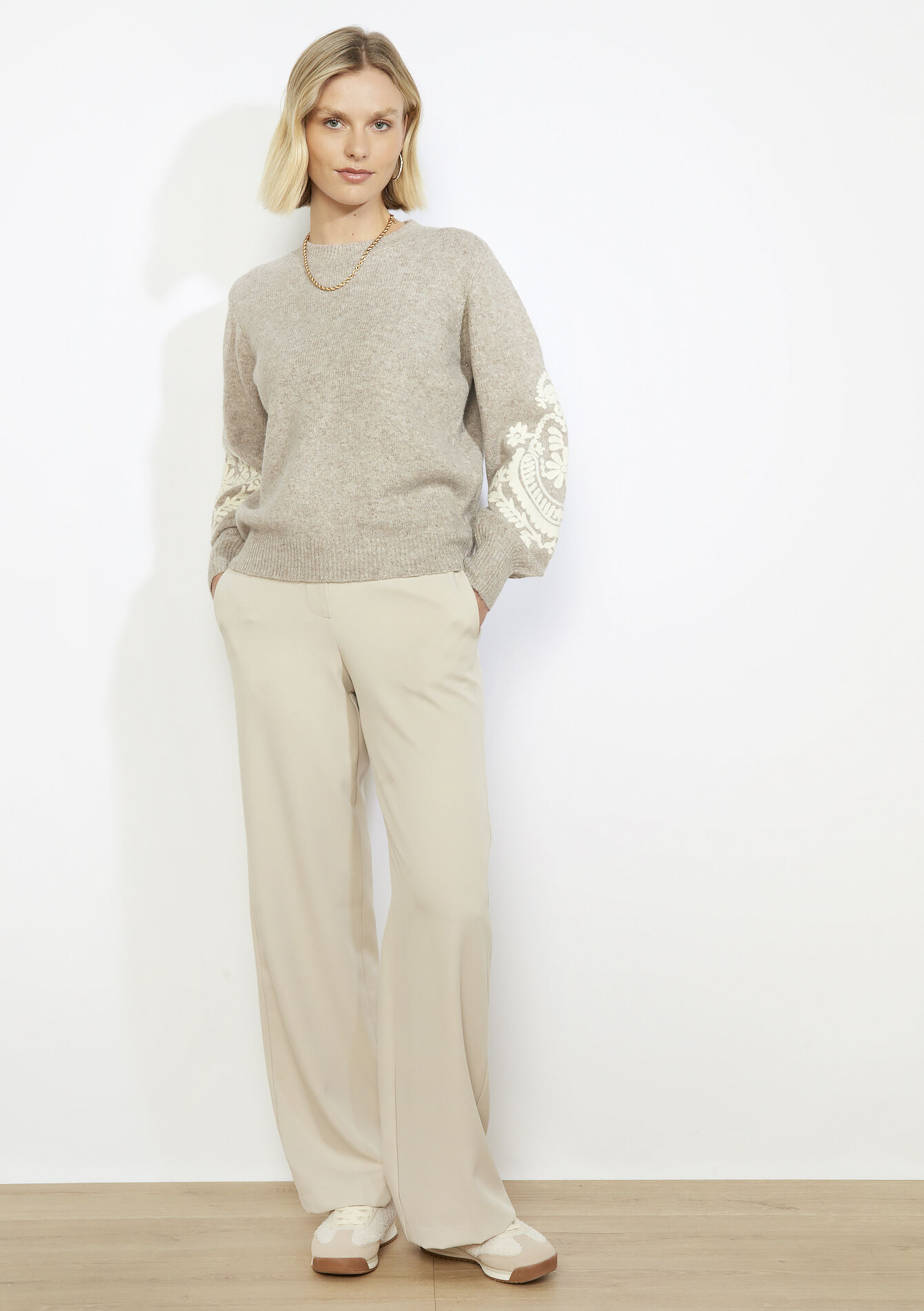 Gebreide trui met borduursel - TAUPE - 04007036_1021