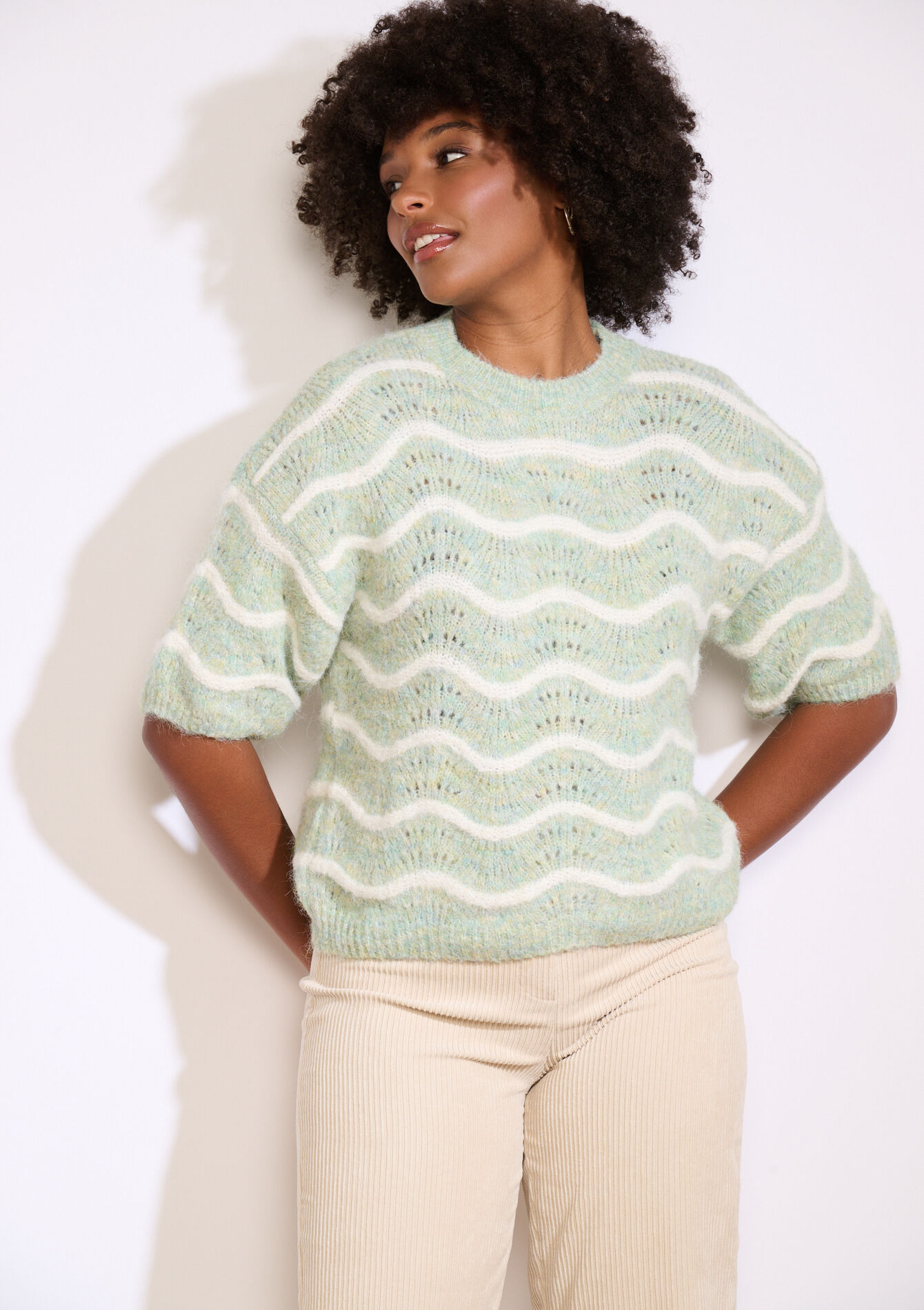 Pull manches courtes à vagues, Pull manches courtes à vagues - ALMOND GREEN - 04007039_1724