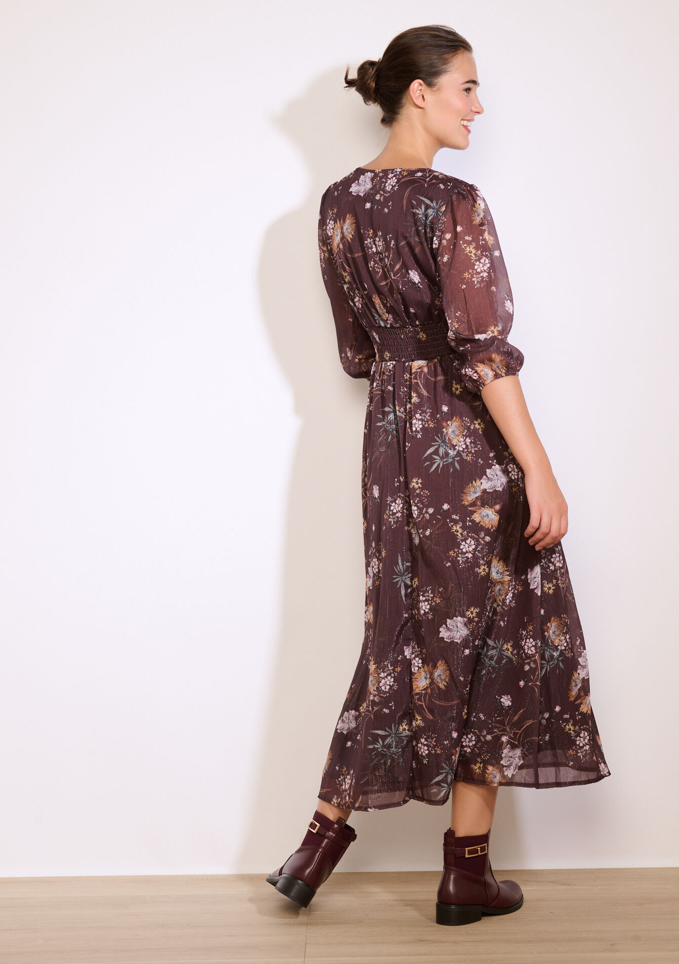 Gebloemde midi-jurk, Gebloemde midi-jurk - BROWN DARK CHOCOLATE - 08104224_3720