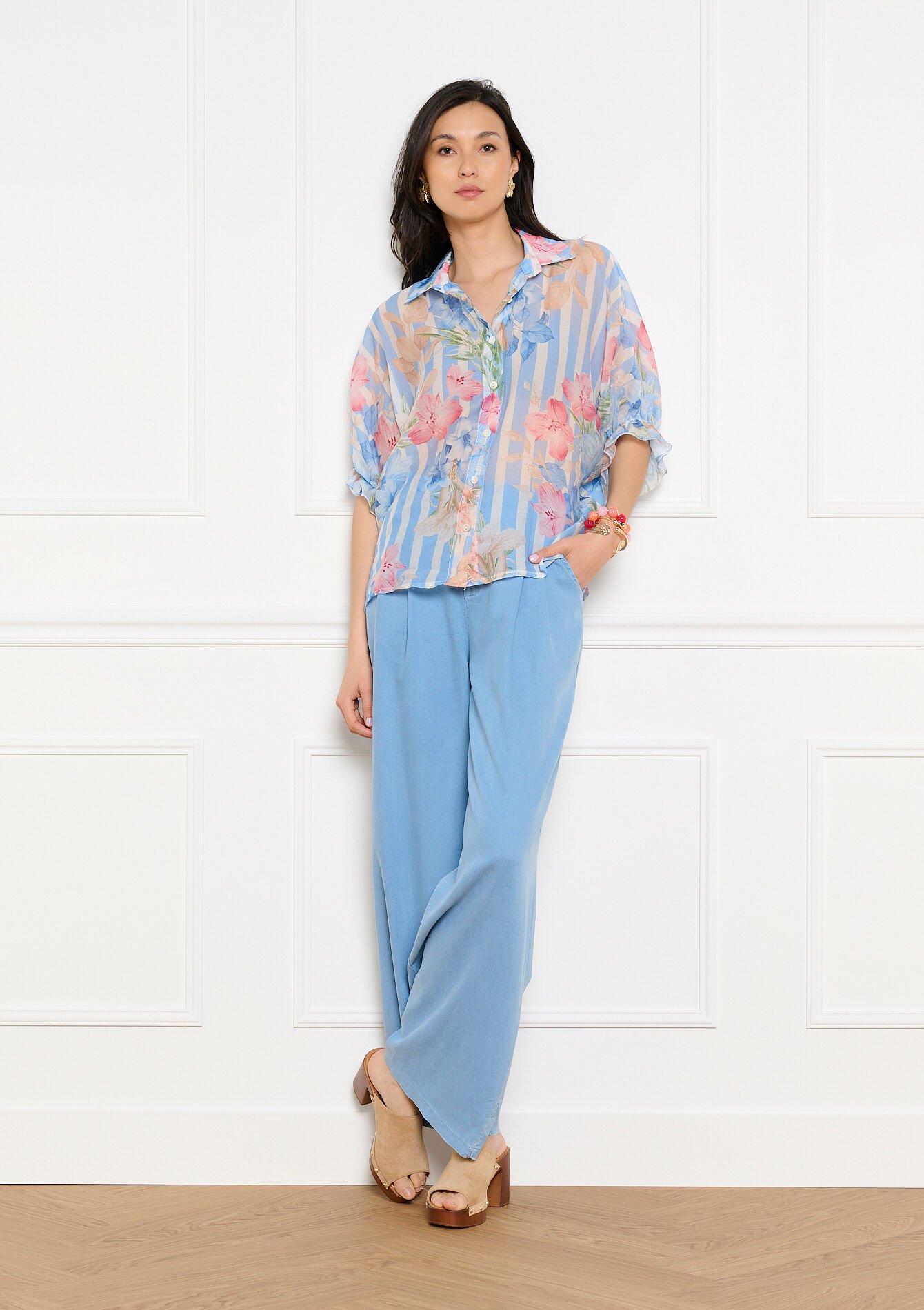 Chemise voile rayures fleurs - BLUE PASTEL - 05703092_3003