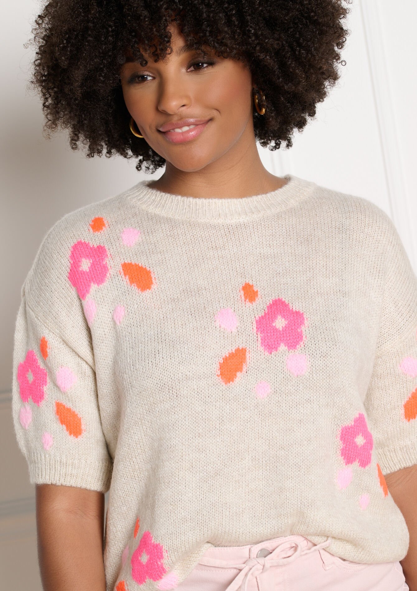 Trui met korte mouwen en motief - LT BEIGE - 04007263_2527