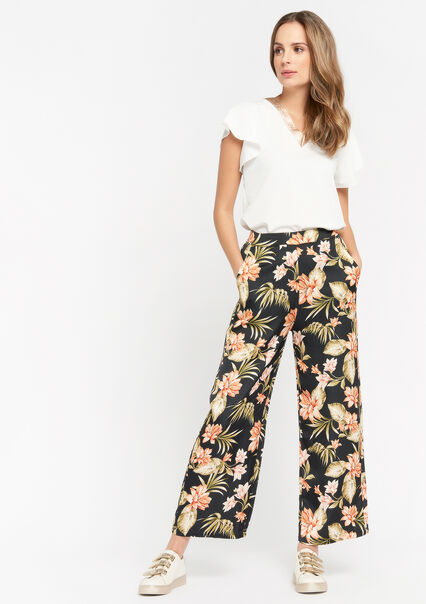 Pantalon ample avec fleurs  - BLACK - 06600447_1119