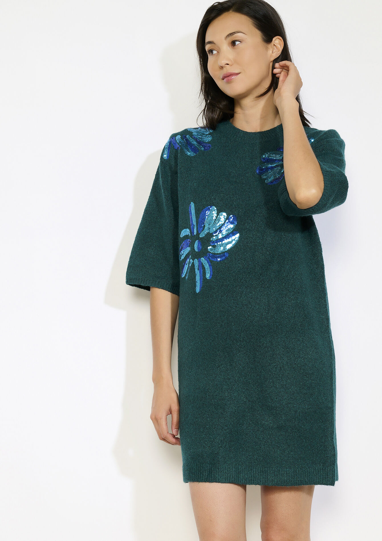 gebreide jurk met bloemenborduursel, gebreide jurk met bloemenborduursel - BOTTLE GREEN - 08104284_1778