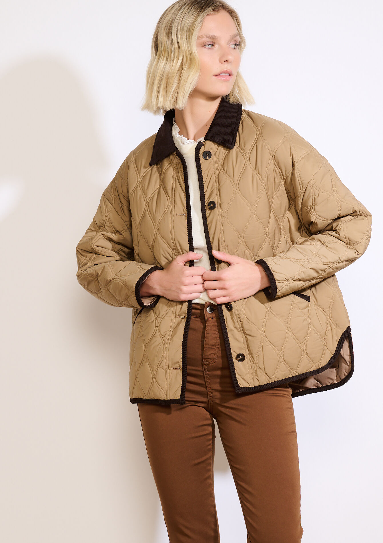 Veste matelassée col velours, Veste matelassée col velours - LIGHT CAMEL - 23000769_3814